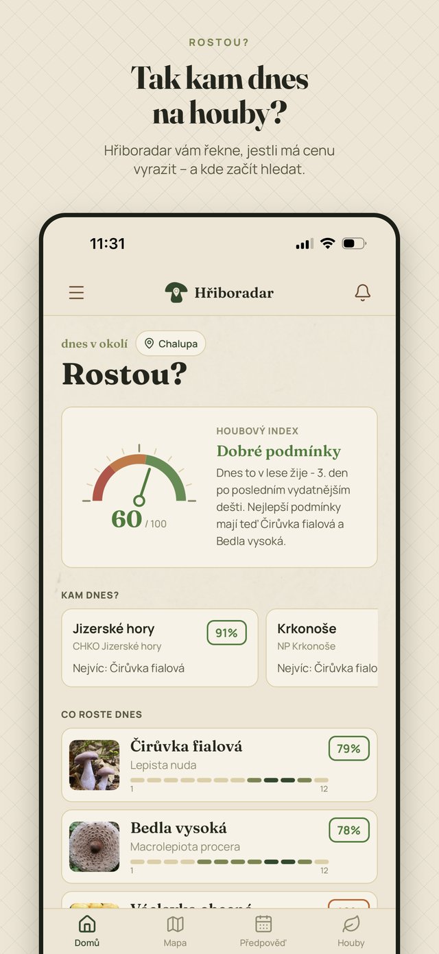Domovská obrazovka appky Hřiboradar s houbovým indexem