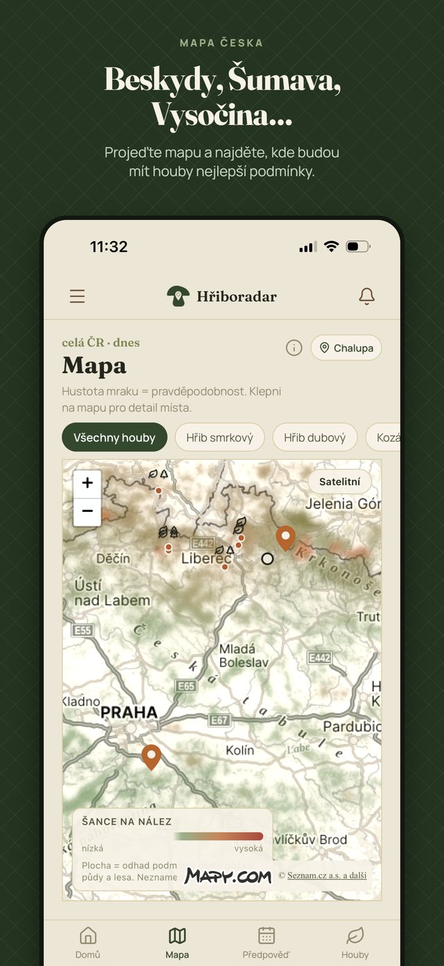 Mapa Česka s hustotou pravděpodobnosti nálezu hub