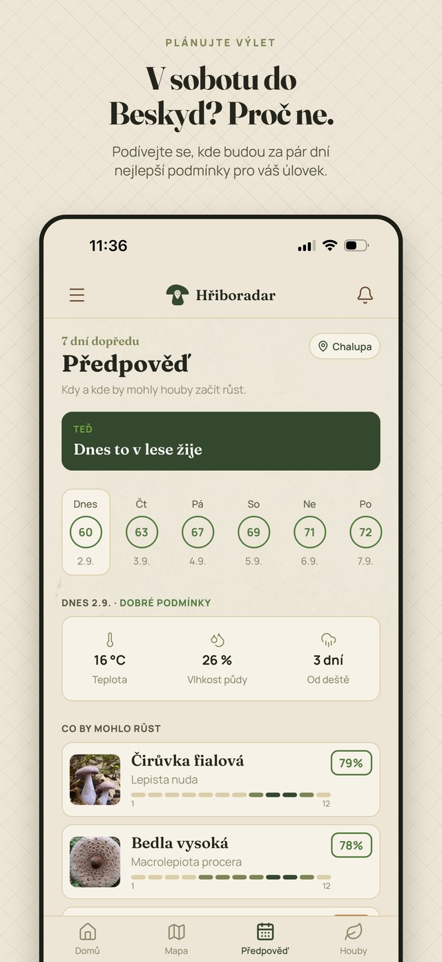 Sedmidenní předpověď růstu hub v appce Hřiboradar