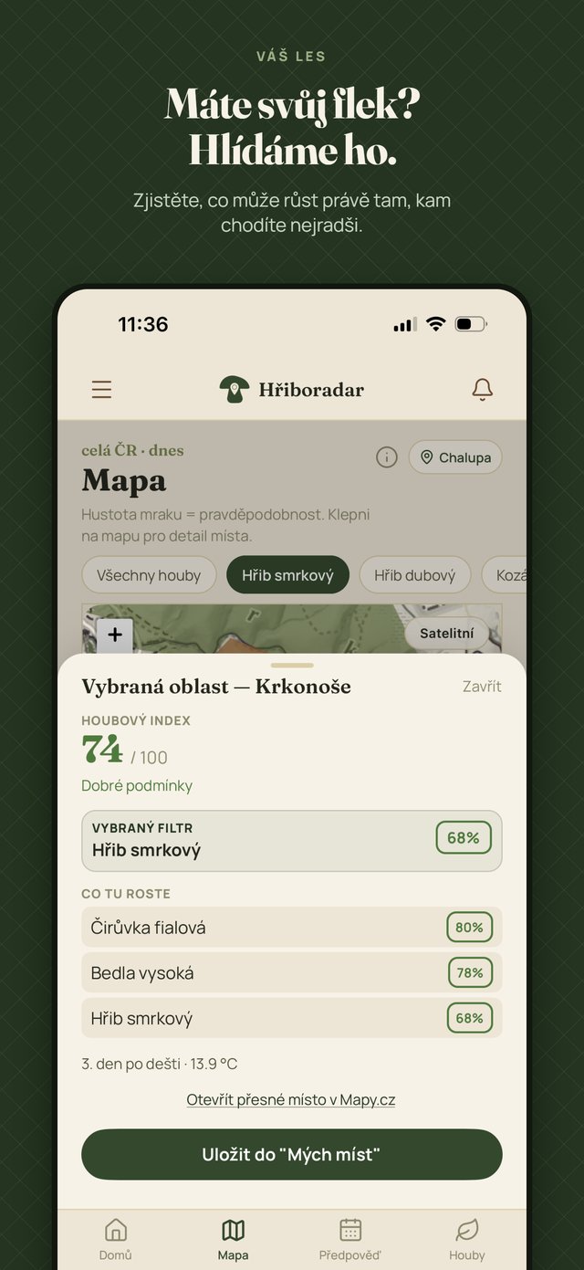 Detail vybraného místa na mapě s procenty jednotlivých druhů