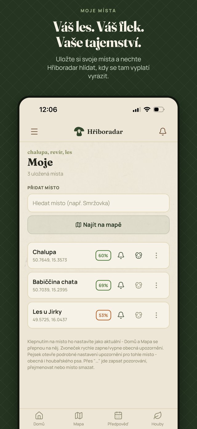 Seznam uložených míst v appce Hřiboradar